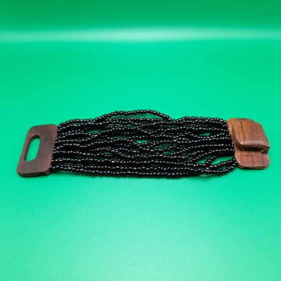 Black Beaded Wooden Clasp Bracelet, 7" by 2", 16 strands, Stretch Bracelet, - Picture 4 of 9